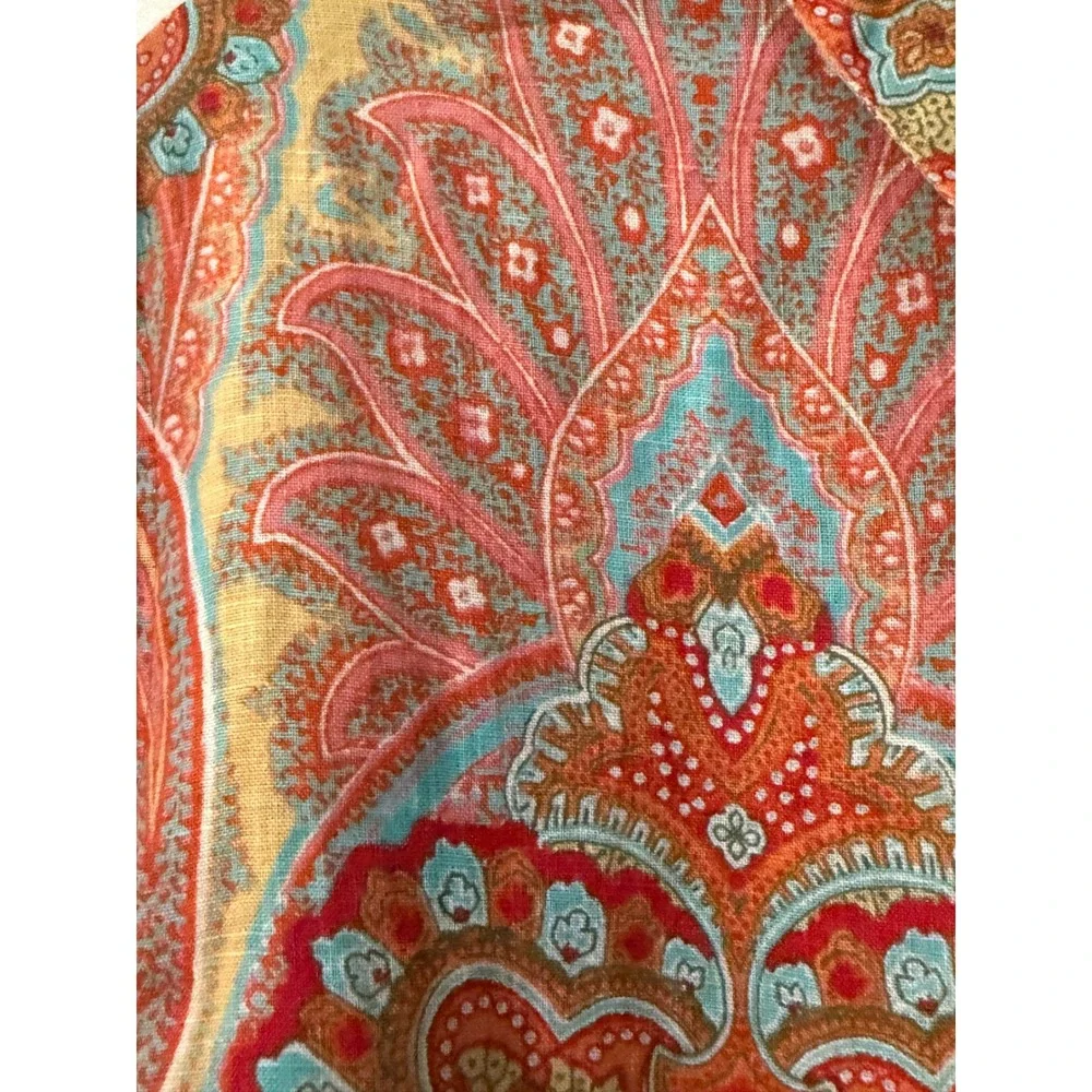 Chicos No Iron Linen Paisley Button Down Shirt Orange Blue Size 1 Medium